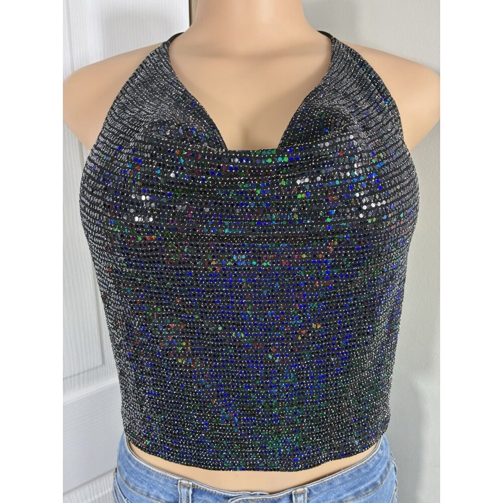 NEW Chocolate Y2K Bling Top Juniors sz L club party halter black backless crop